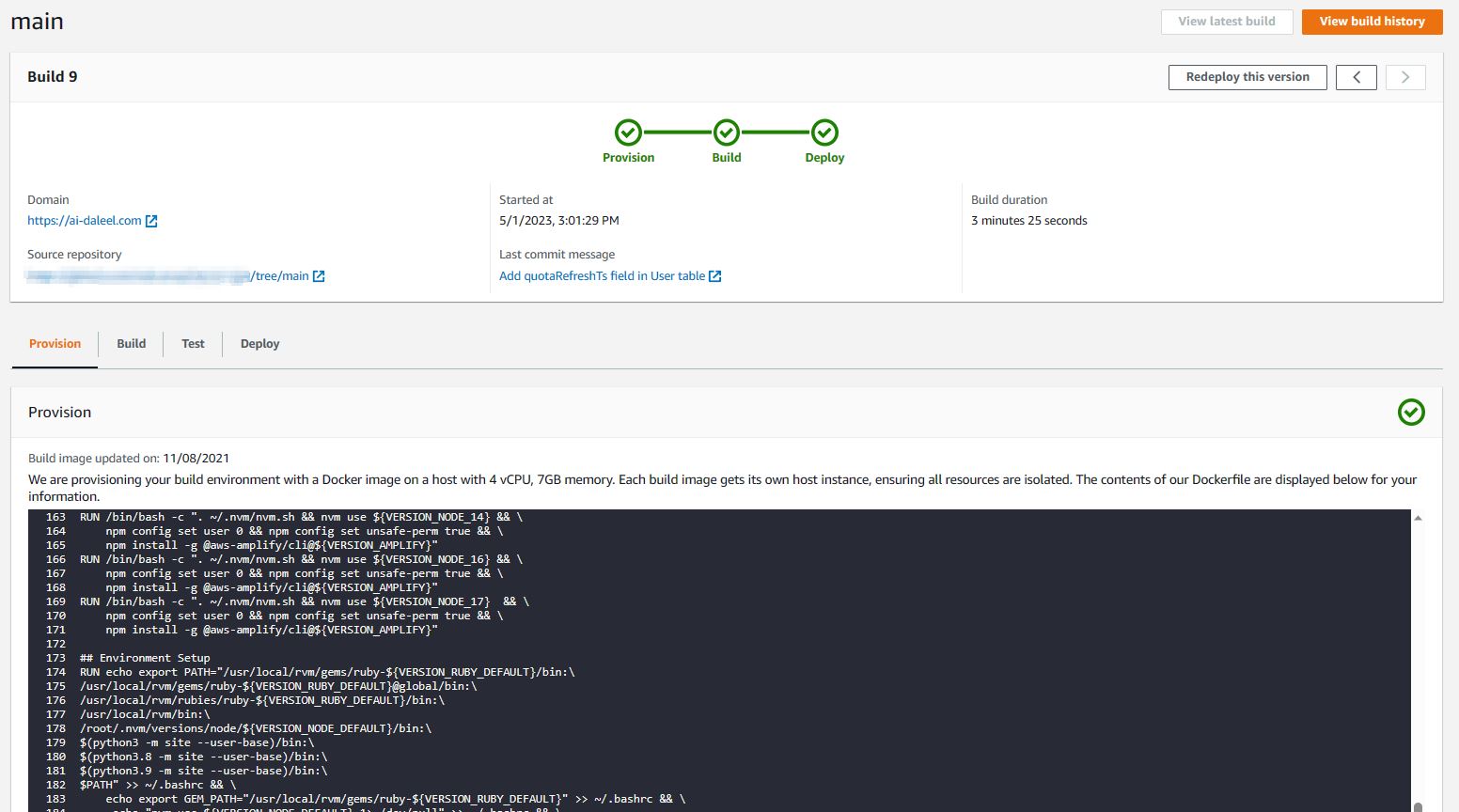 AWS Amplify deployment console.