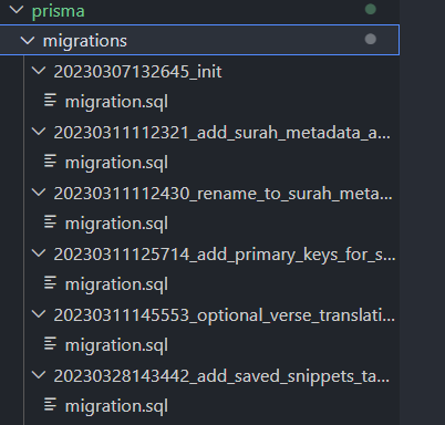 Prisma migration history.