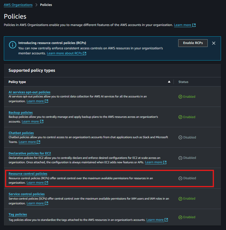 RCP AWS Organizations console.
